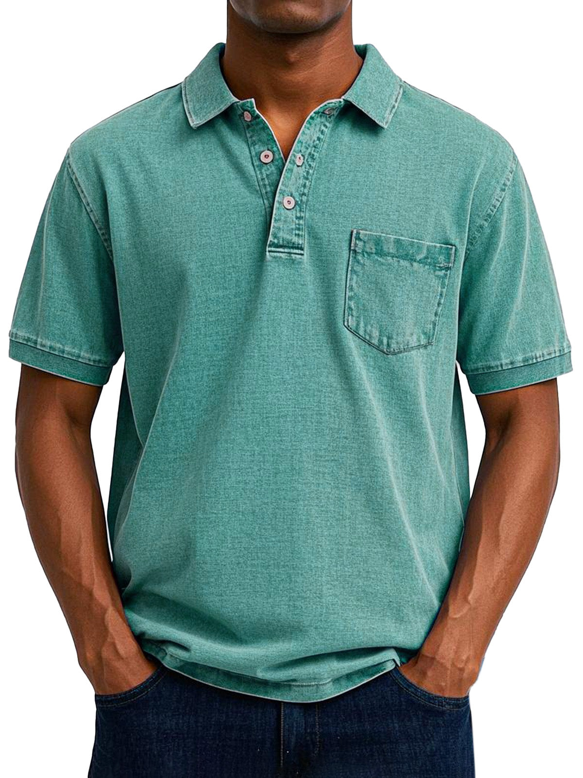 Men's short-sleeve denim polo shirt with classic polo collar and straight hem