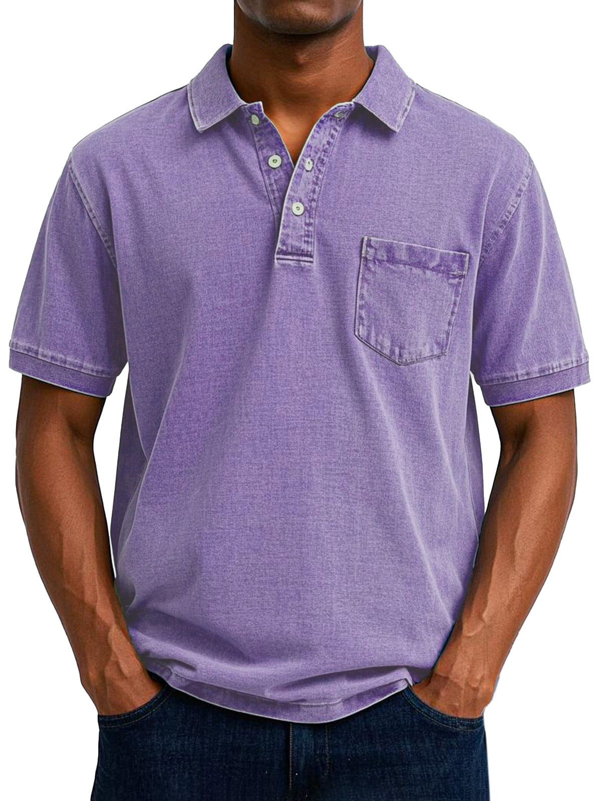 Short-sleeve men's denim polo shirt with button placket and relaxed straight fit