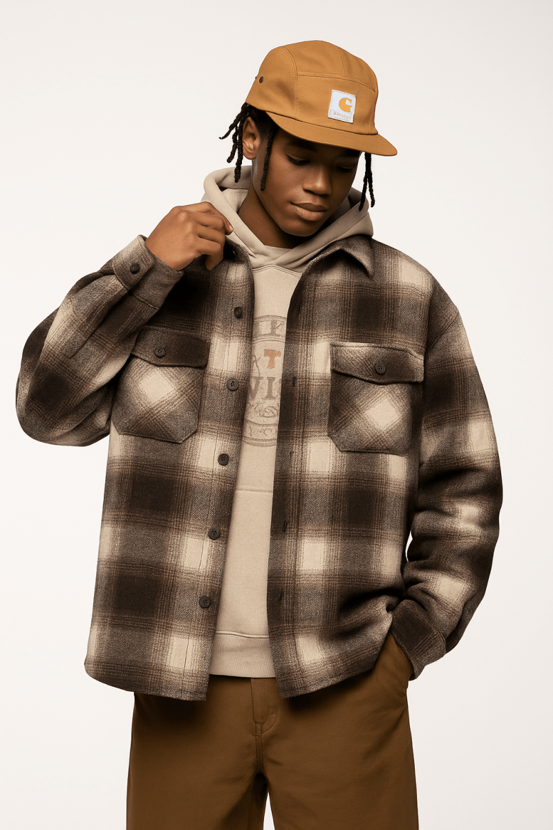 Men's flannel overshirt featuring a classic plaid pattern and traditional shirt collar