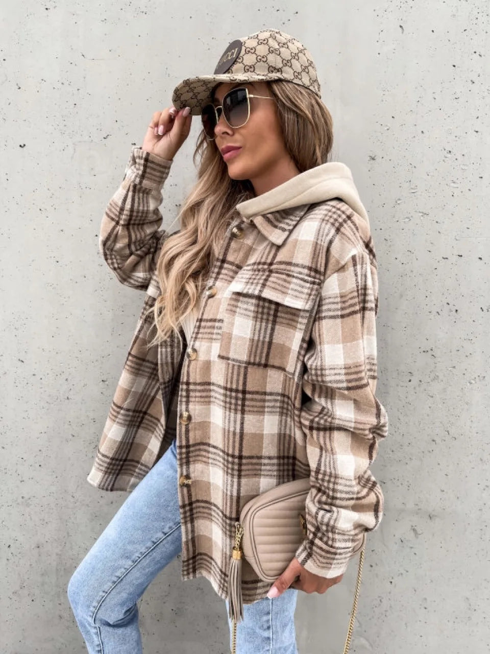 Plaid overshirt jacket for women showing chest pocket detail and brushed woven fabric texture
