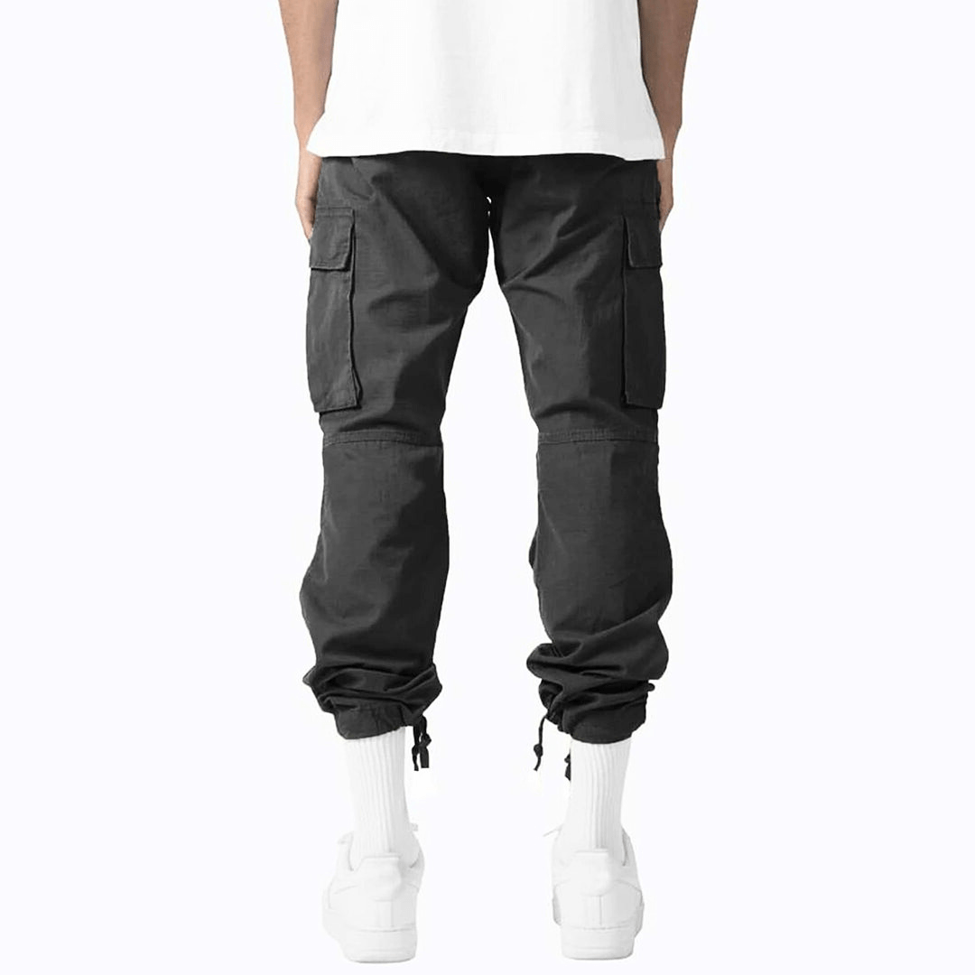 Side view of men's cargo trousers showing cargo pocket placement