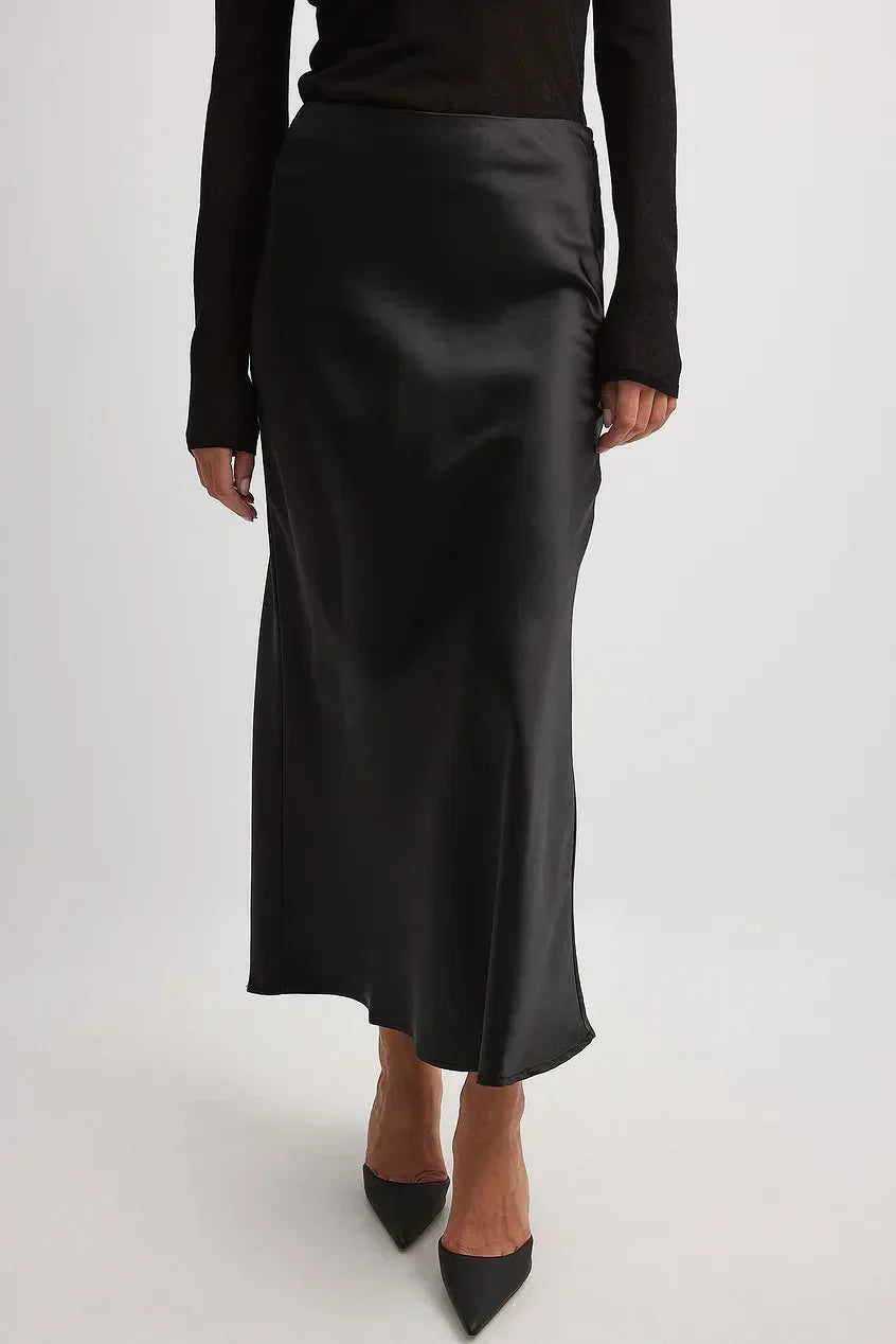 Women's satin midi skirt with elastic waist and straight silhouette, front view
