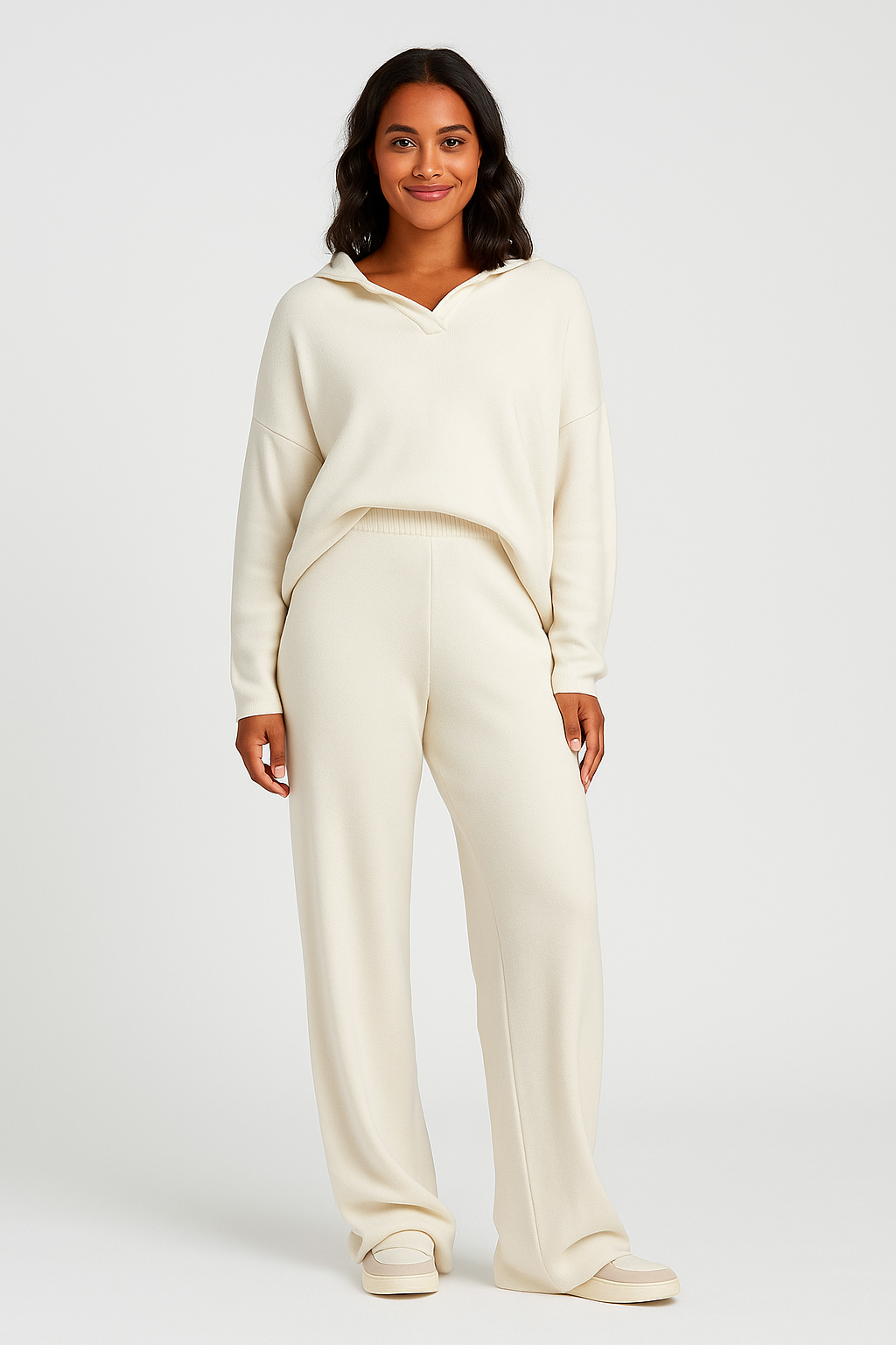 Women's soft knitted lounge set with open collar top and wide-leg pants, three-quarter view