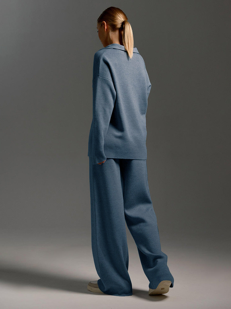 Women's relaxed knitted two-piece set with open collar and wide-leg pants, three-quarter view