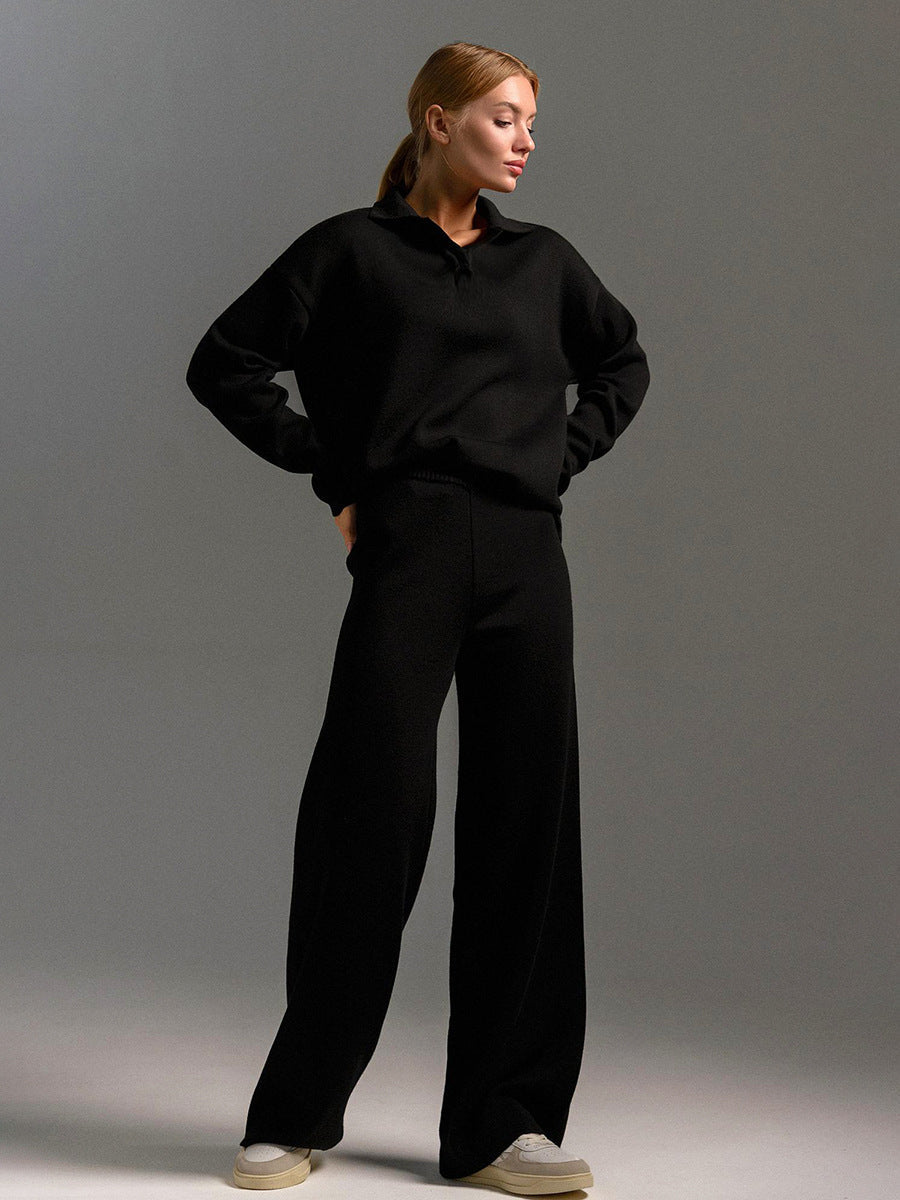 Women's relaxed-fit knitted two-piece lounge set with open collar top, three-quarter view