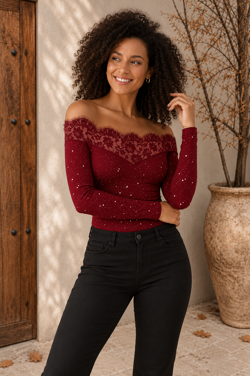 Red glitter off shoulder lace top for women – front view