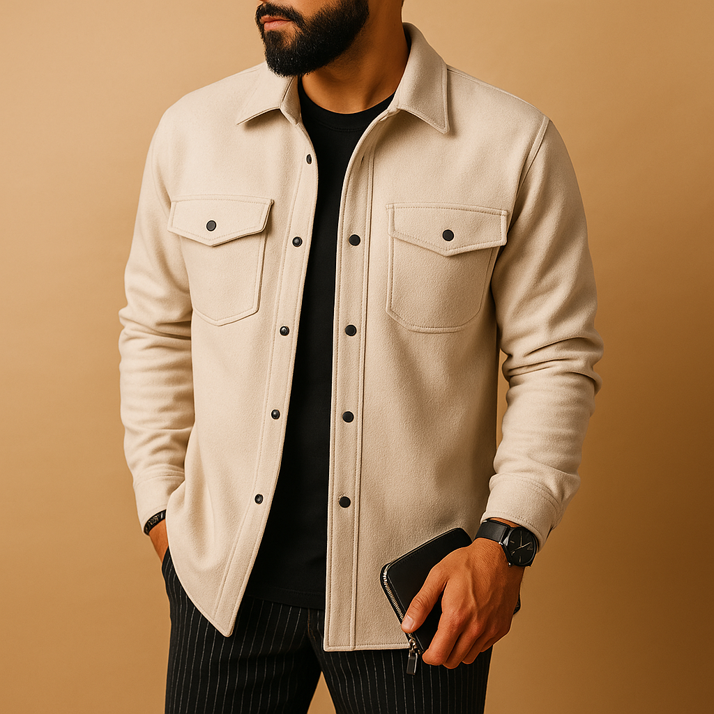 Men's button-up overshirt showing front button closure and classic collar detail