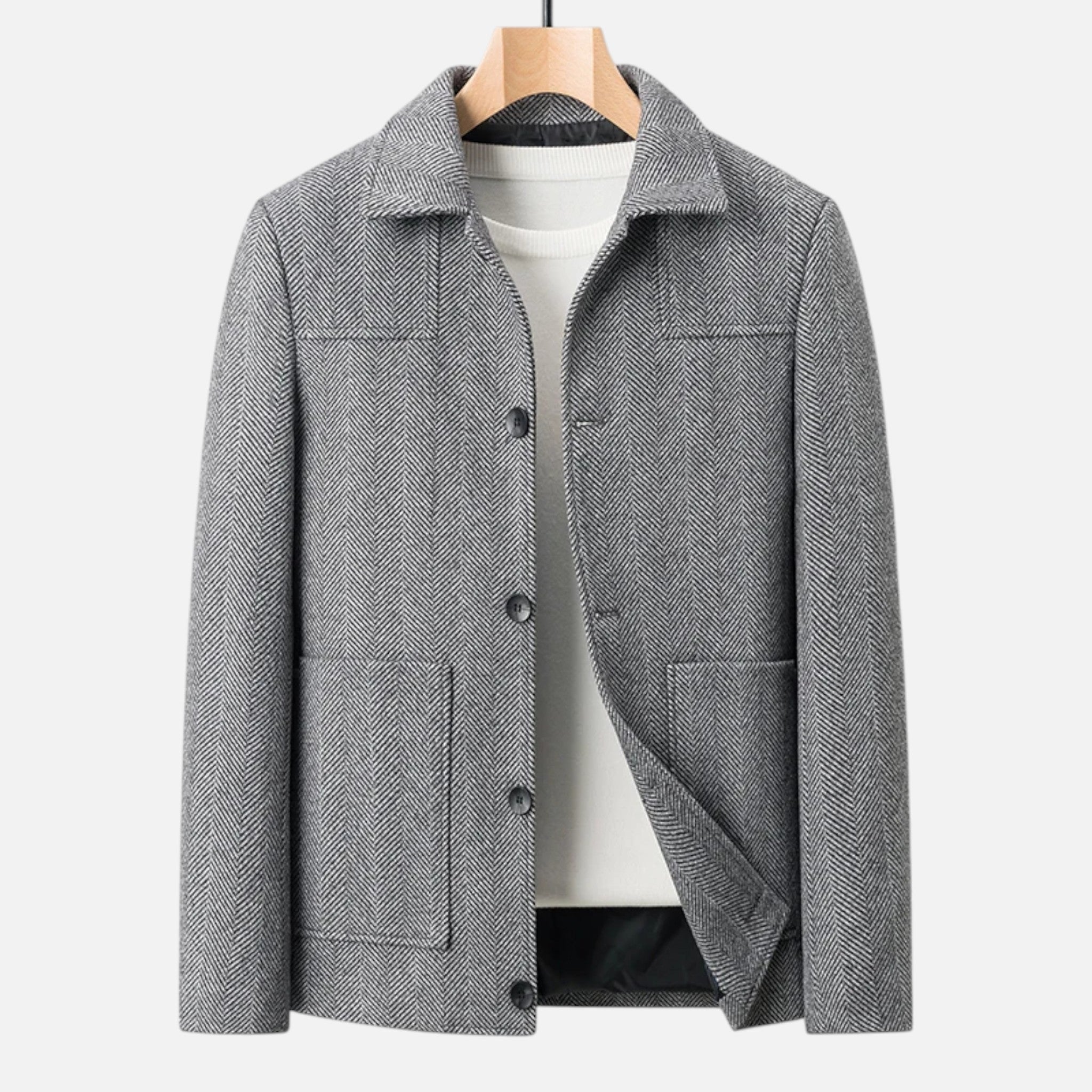 Men's hip-length woven jacket with button closure and patch front pockets