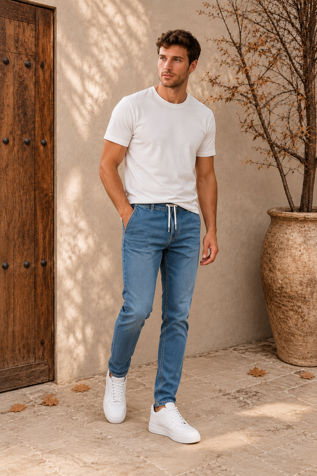 Men's mid-blue drawstring jeans with tapered leg, full-length front view