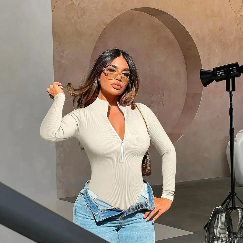 Women's long-sleeve ribbed bodysuit with front zipper and stand-up collar, body-hugging shapewear fit