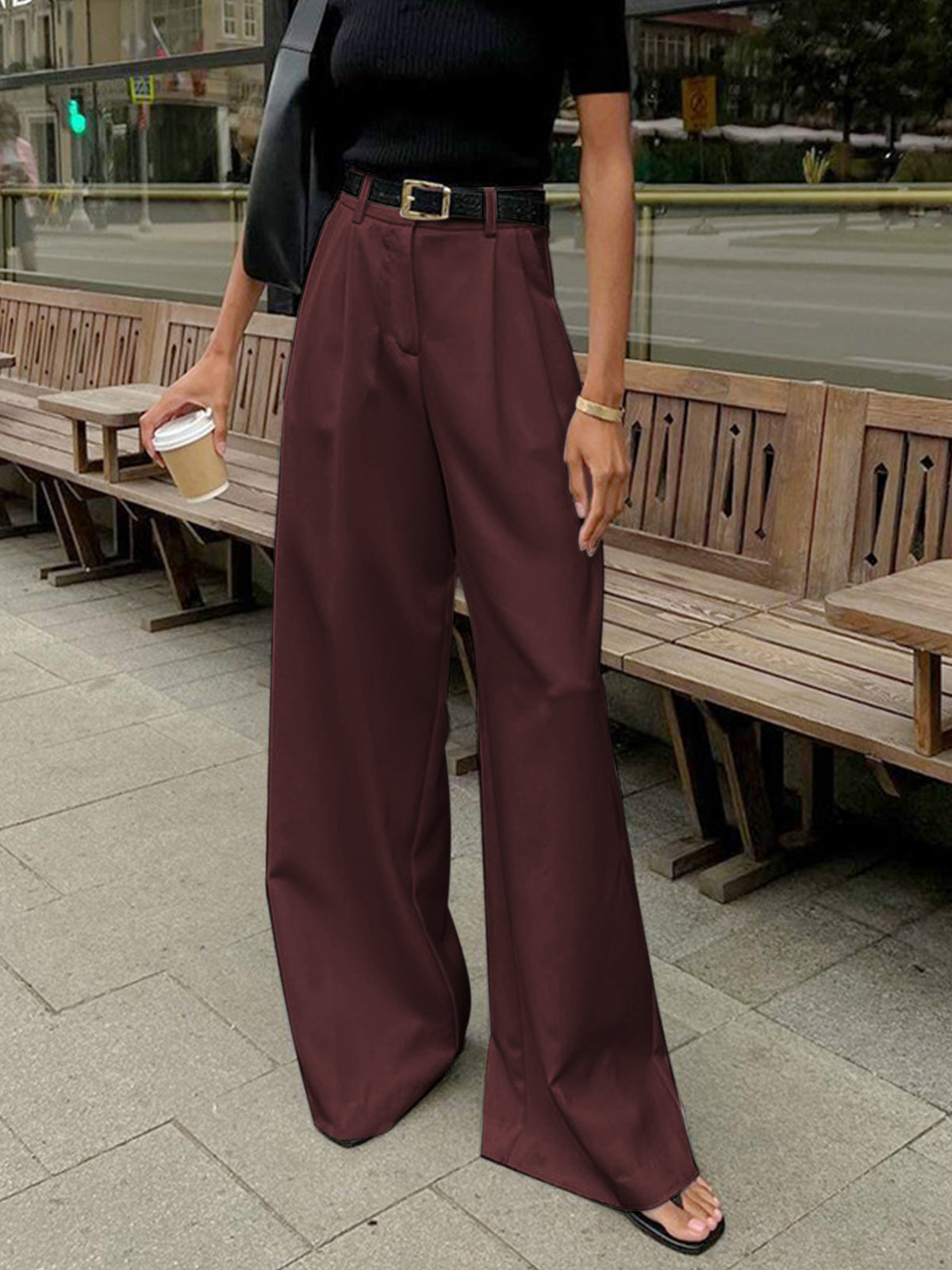 Women's high-waisted trousers flat lay showing full-length cut