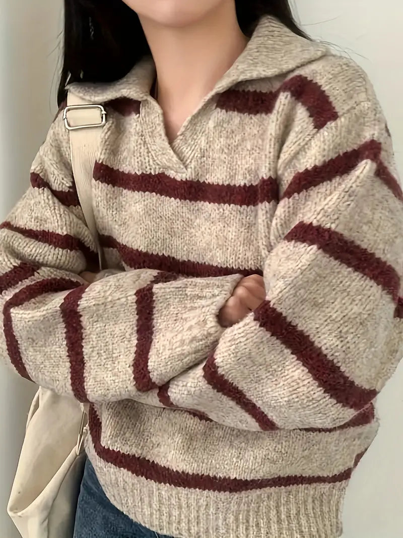 Women's striped knitted sweater with open collar, horizontal stripe pattern, relaxed silhouette