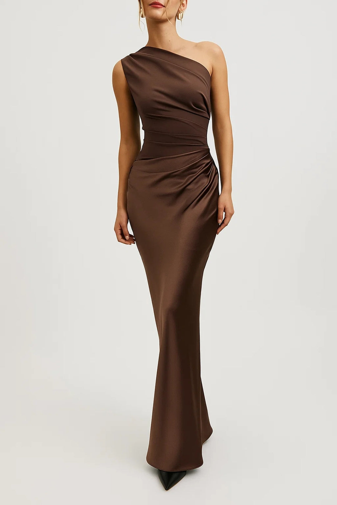 One-Shoulder Draped Maxi Dress for Women with Form-Fitting Silhouette and Floor-Length Cut