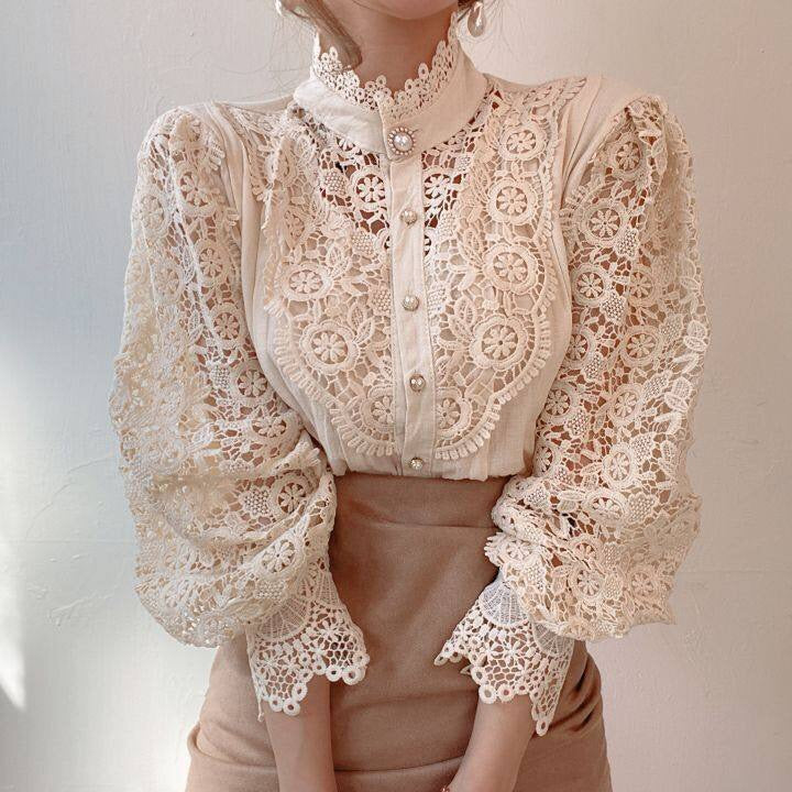 Women's long-sleeve lace blouse with high collar and button front closure