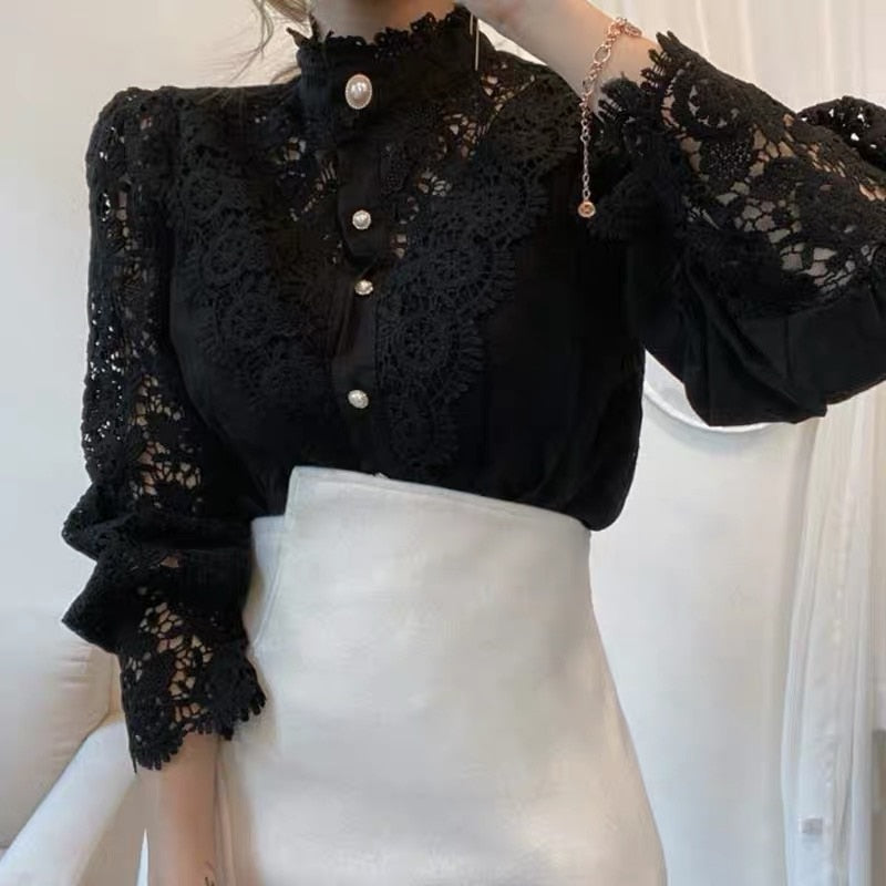 Women's long-sleeve lace blouse with high collar and button front in a dark tone