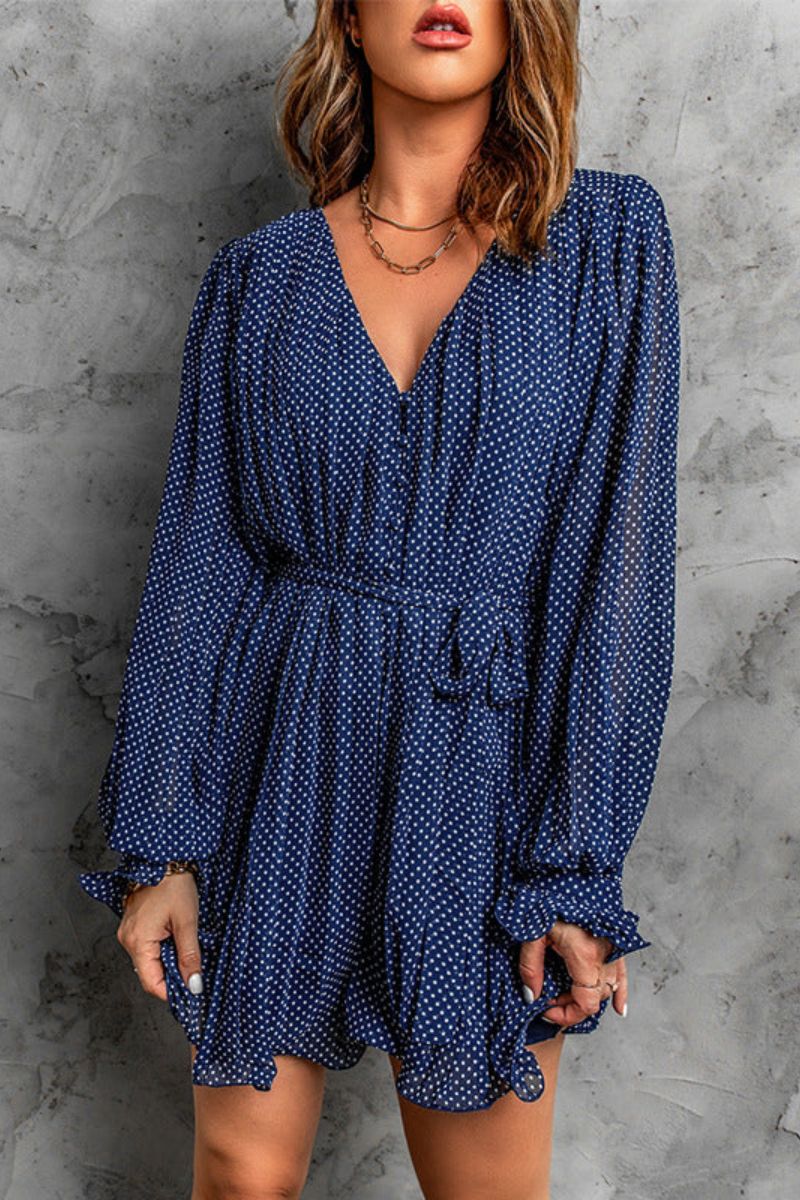 Women's chiffon mini dress with front button closure, V-neckline, tie belt, and slightly flared hem