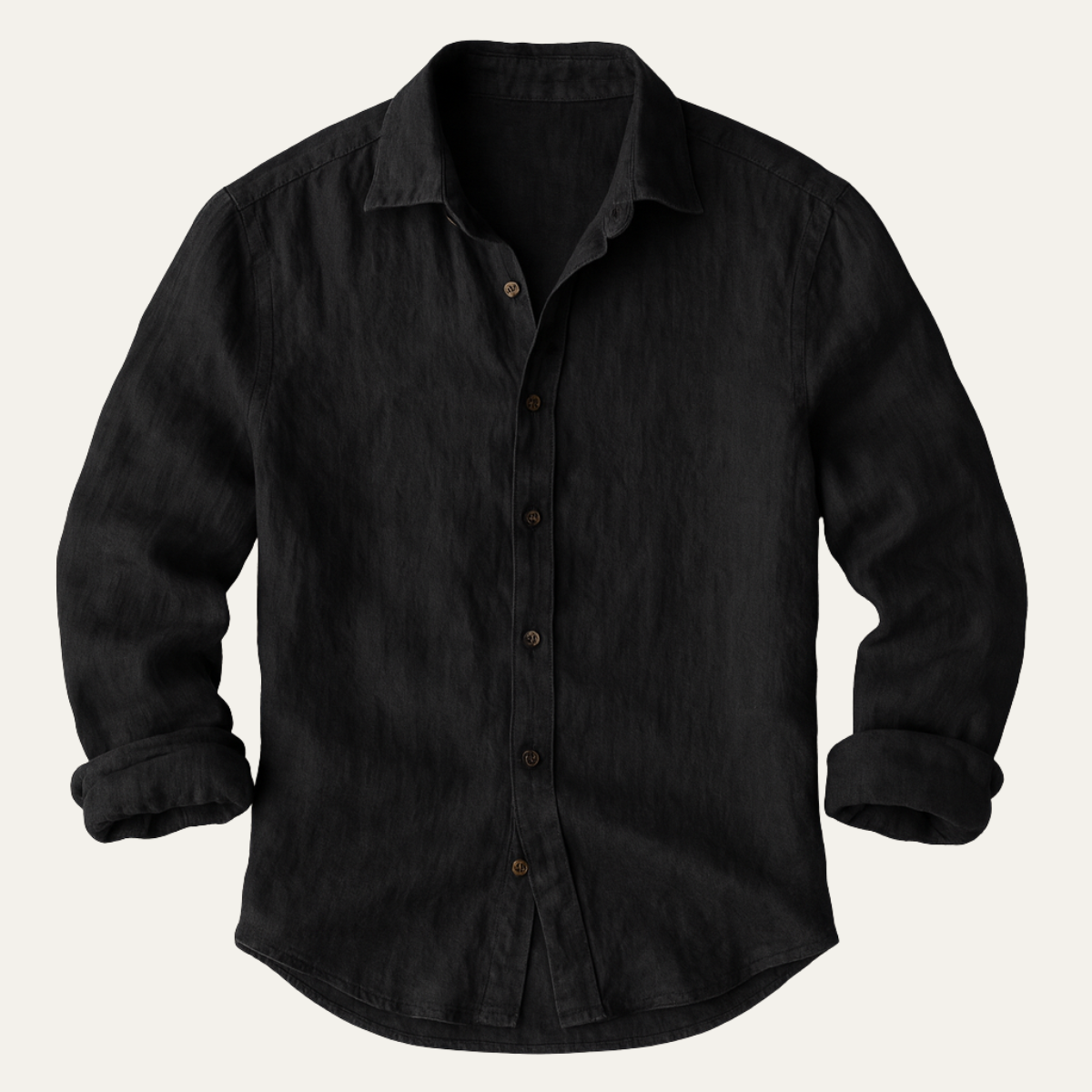 Men's long-sleeve linen shirt with button placket and clean seam finish