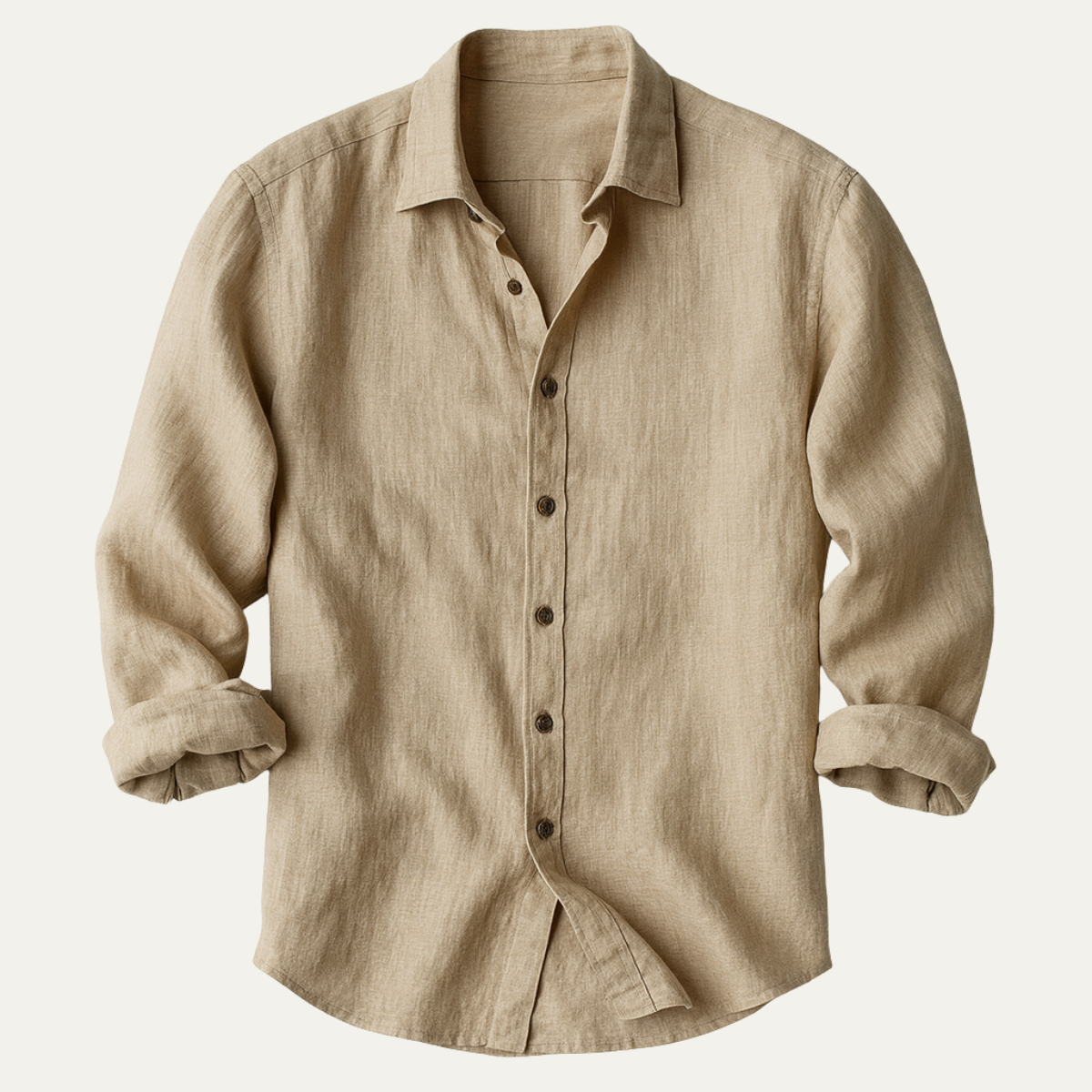 Men's linen button-up shirt with long sleeves and button cuffs