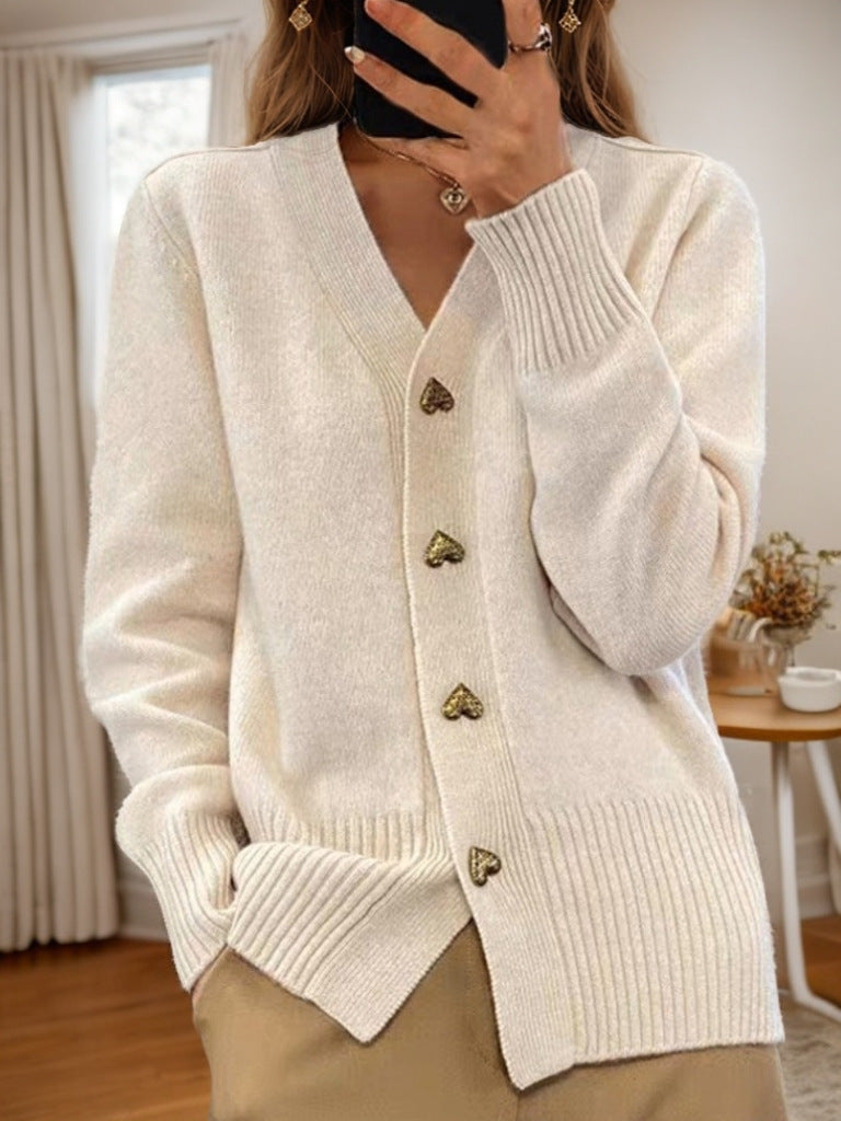 Women's fine-knit cardigan with V-neck and button closure, front view