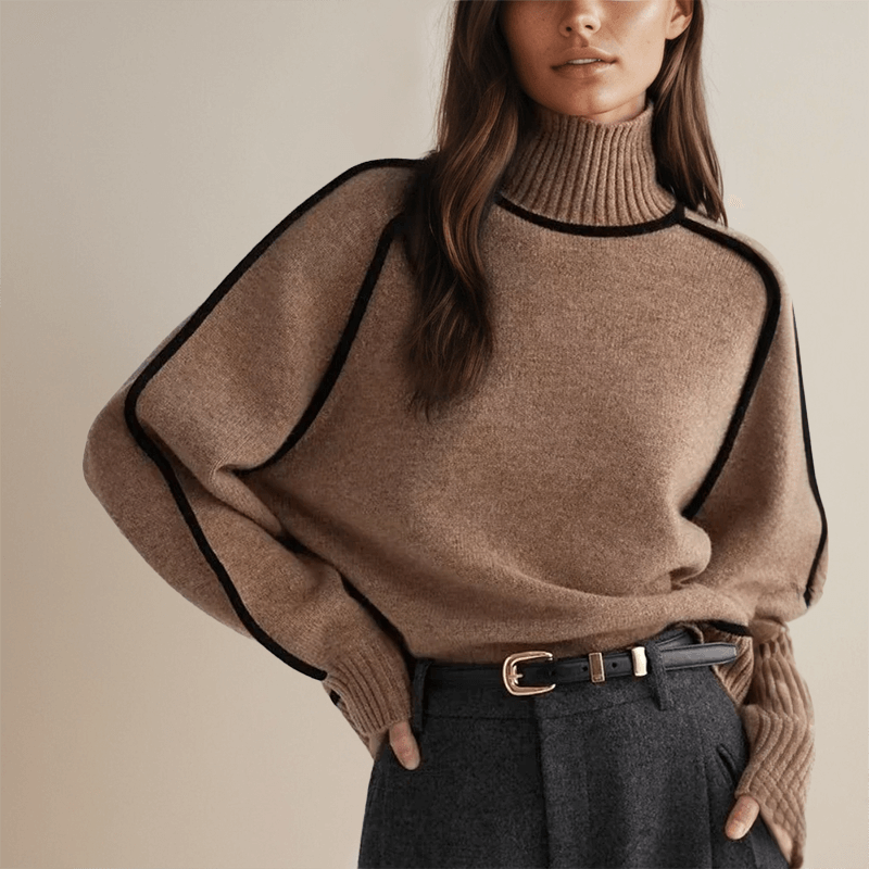 Women's oversized knit turtleneck sweater with contrast sleeve details, front view
