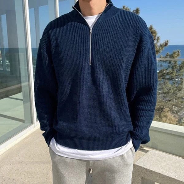 Men's knitted half-zip sweater in navy blue with ribbed texture and stand-up collar, front view