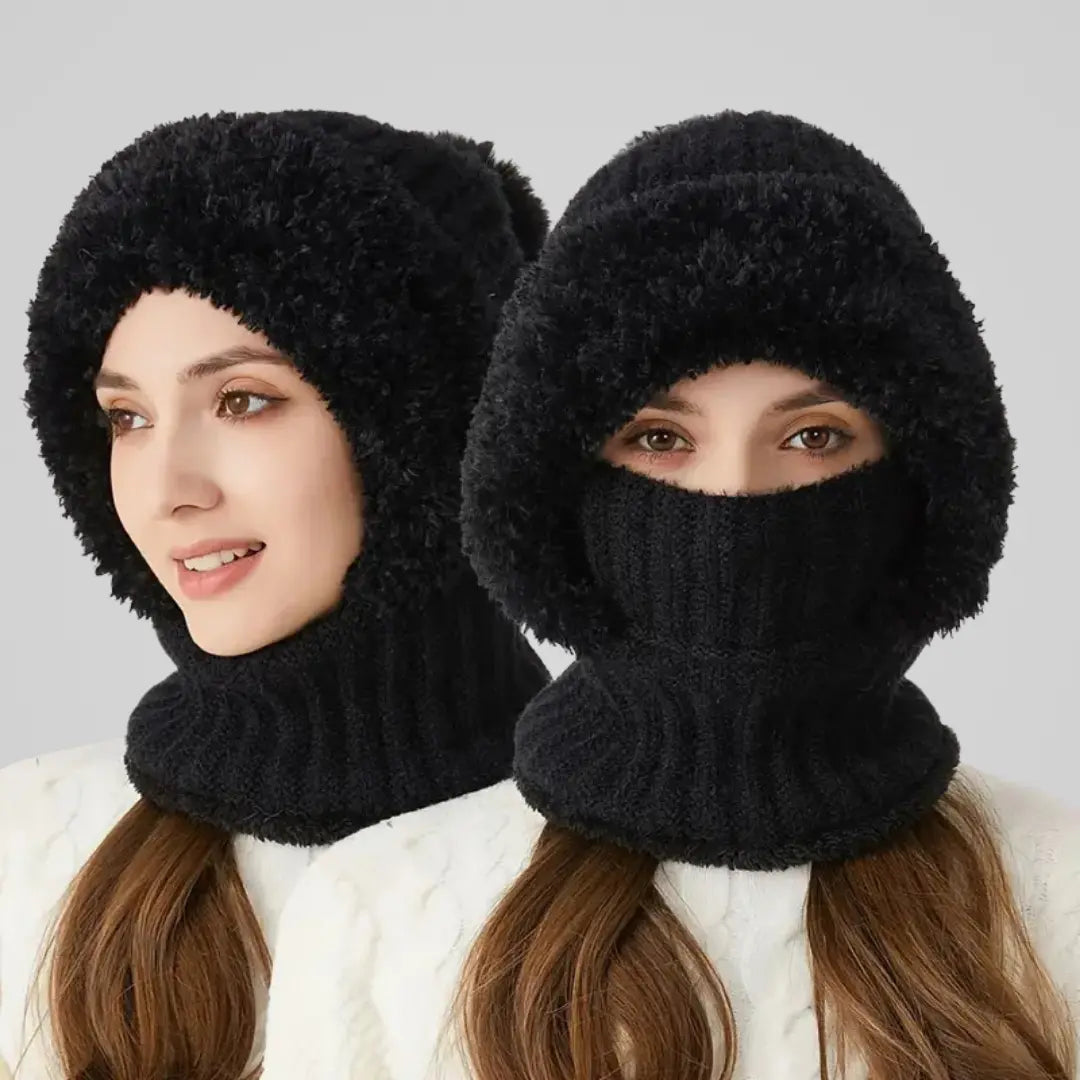 Knitted women's balaclava with soft plush lining and full head and neck coverage