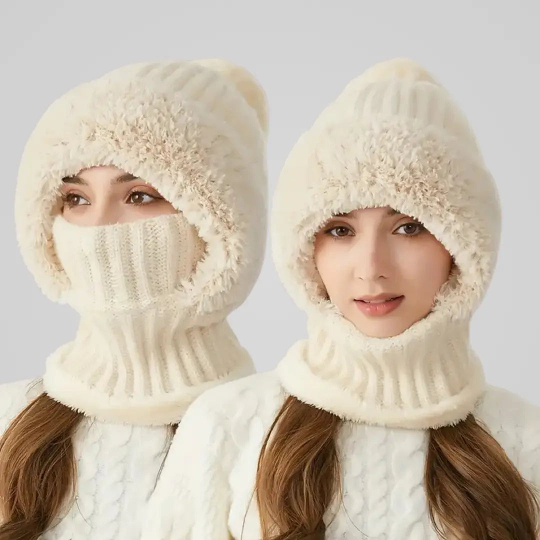 Women's pull-on knitted balaclava with integrated neck section and ribbed finish