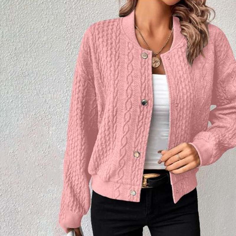 Women's cable knit cardigan with snap button front closure and ribbed cuffs