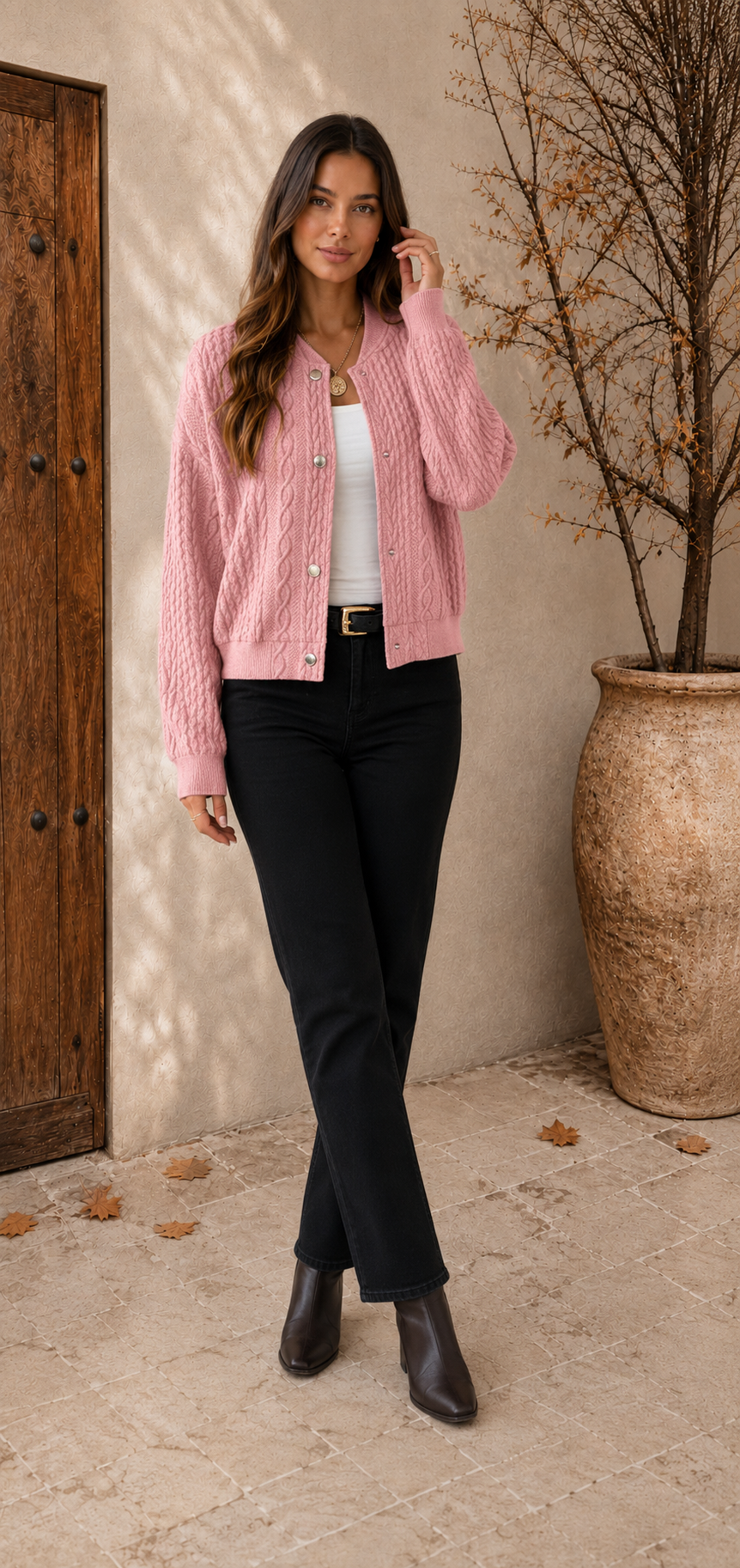 Pink cable knit snap-button cardigan for women