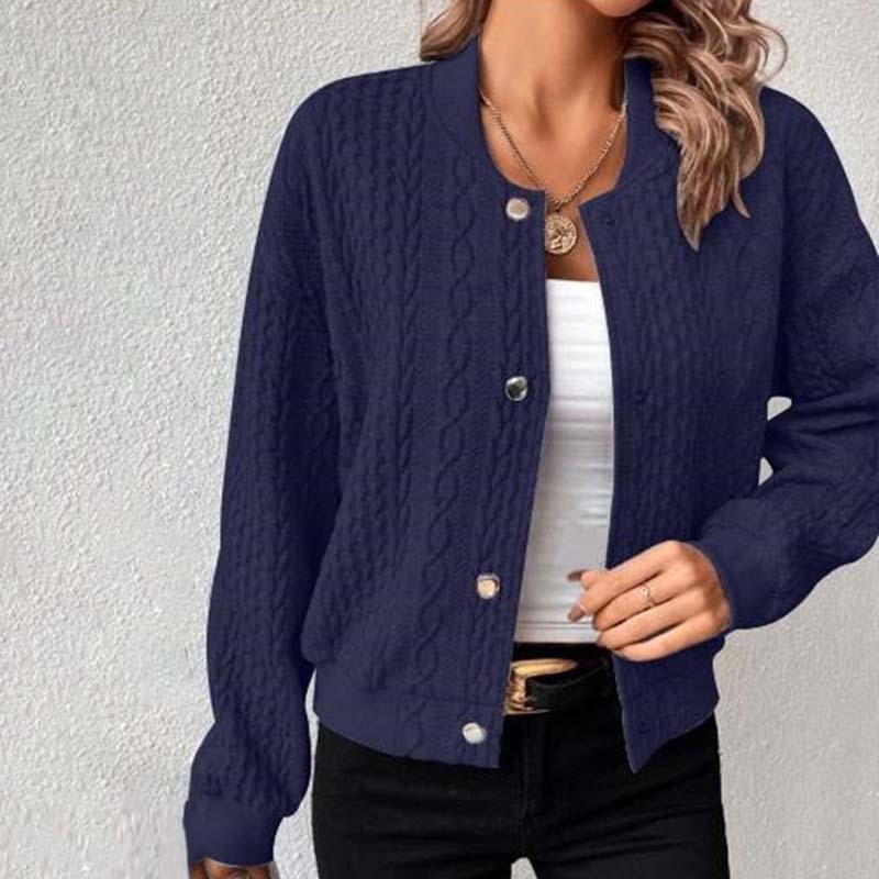Women's snap button cardigan featuring classic cable knit texture and ribbed hem