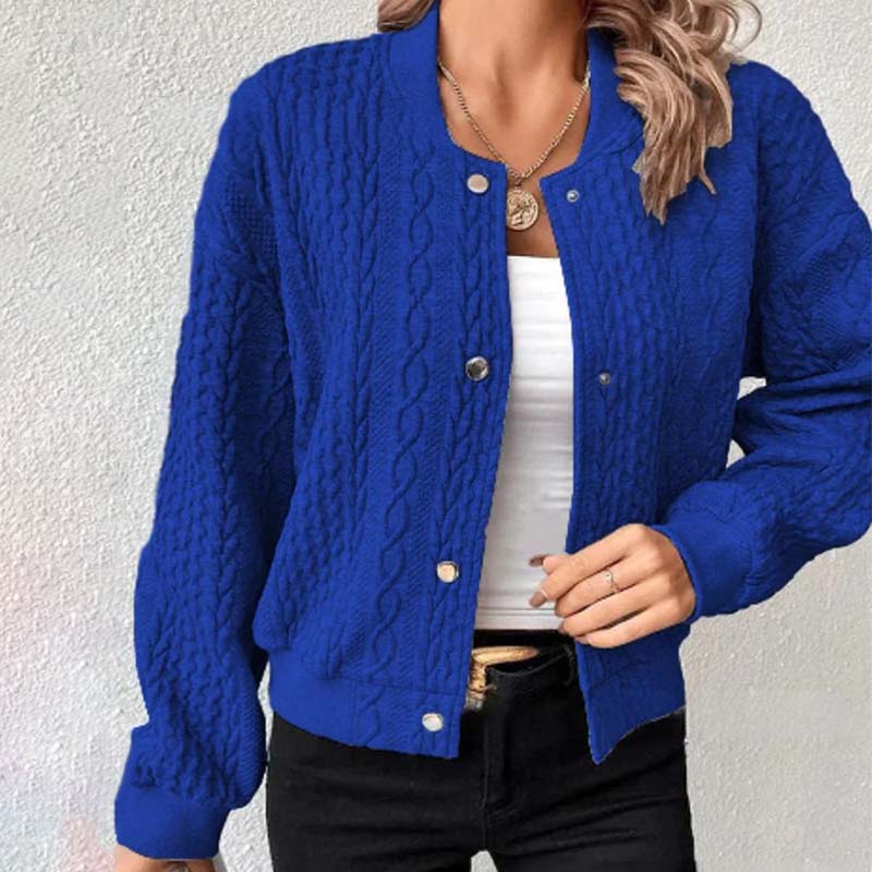 Cable knit women's cardigan with ribbed cuffs and front snap buttons, full-length view