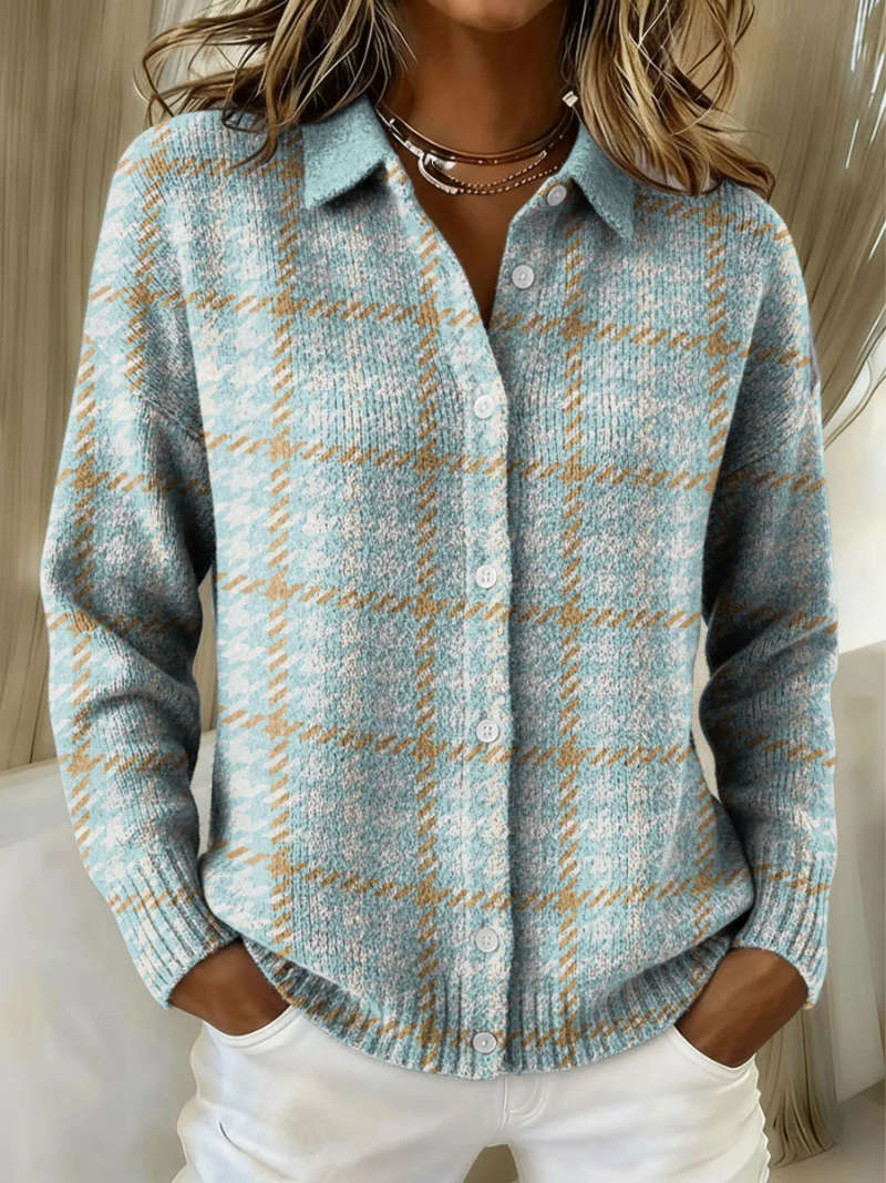 Wool-blend plaid cardigan with button closure and relaxed fit for women