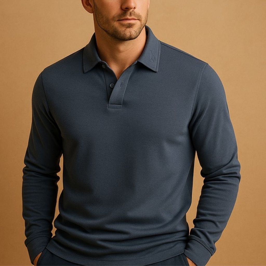 Men's long-sleeved turtleneck pullover, front view showing collar detail