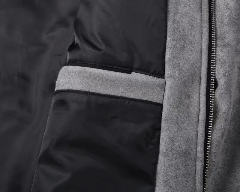 Men's grey zip-up jacket side and back view – transitional season layering jacket