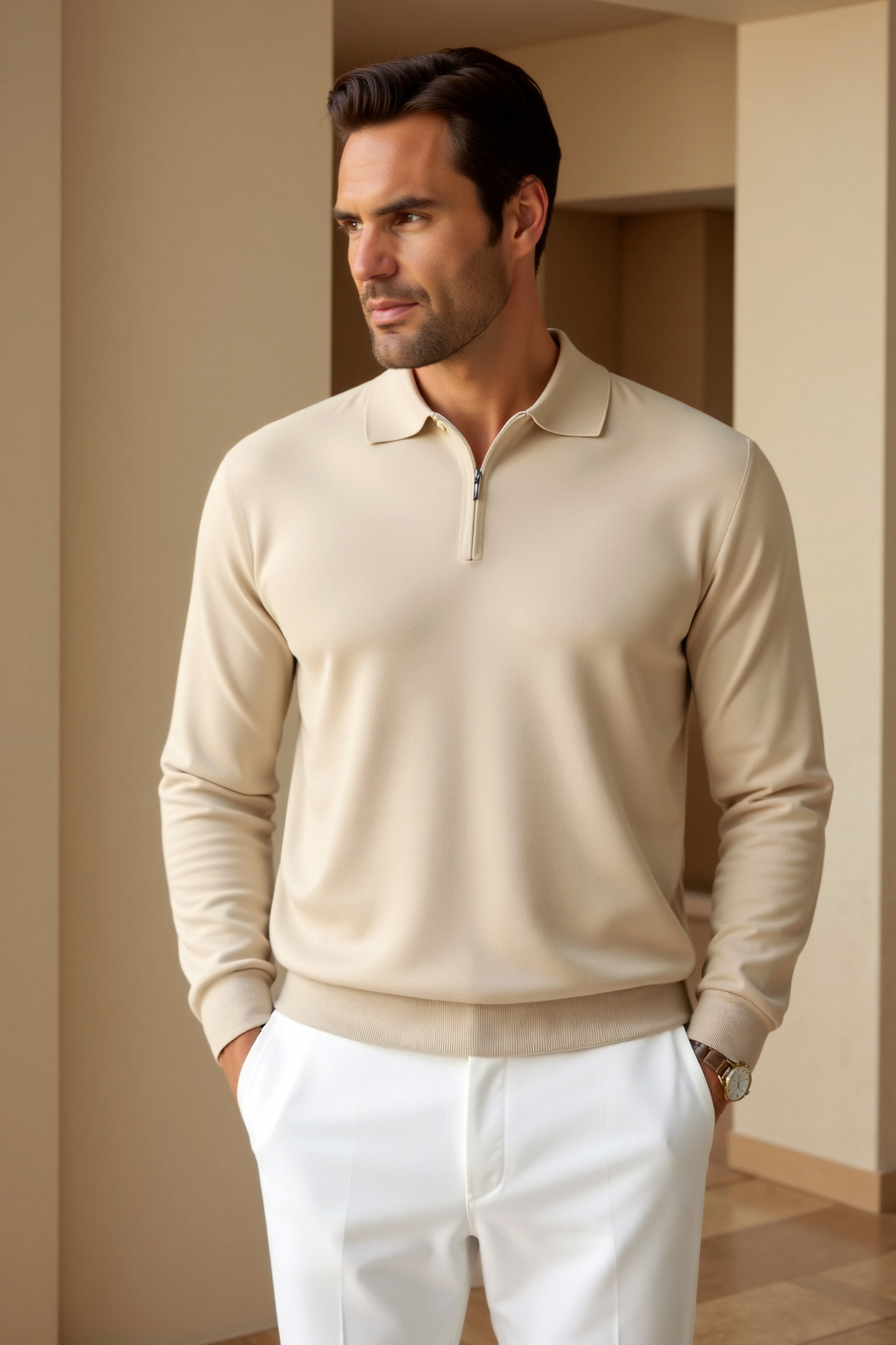 Men's long-sleeved zip sweater with mock neck collar and cotton-blend knit fabric