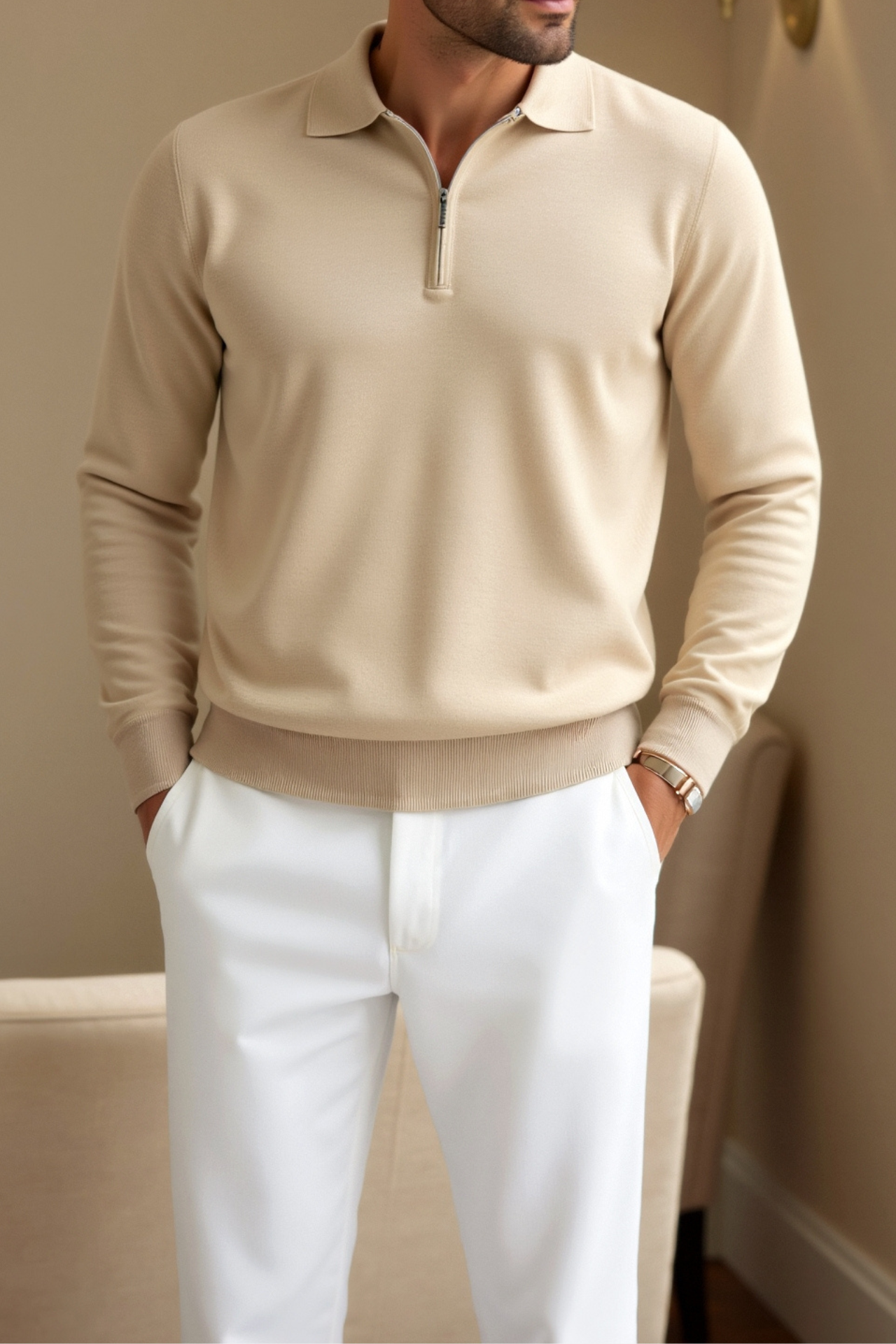 Men's knit zip sweater with short zipper at collar and long sleeves, regular fit