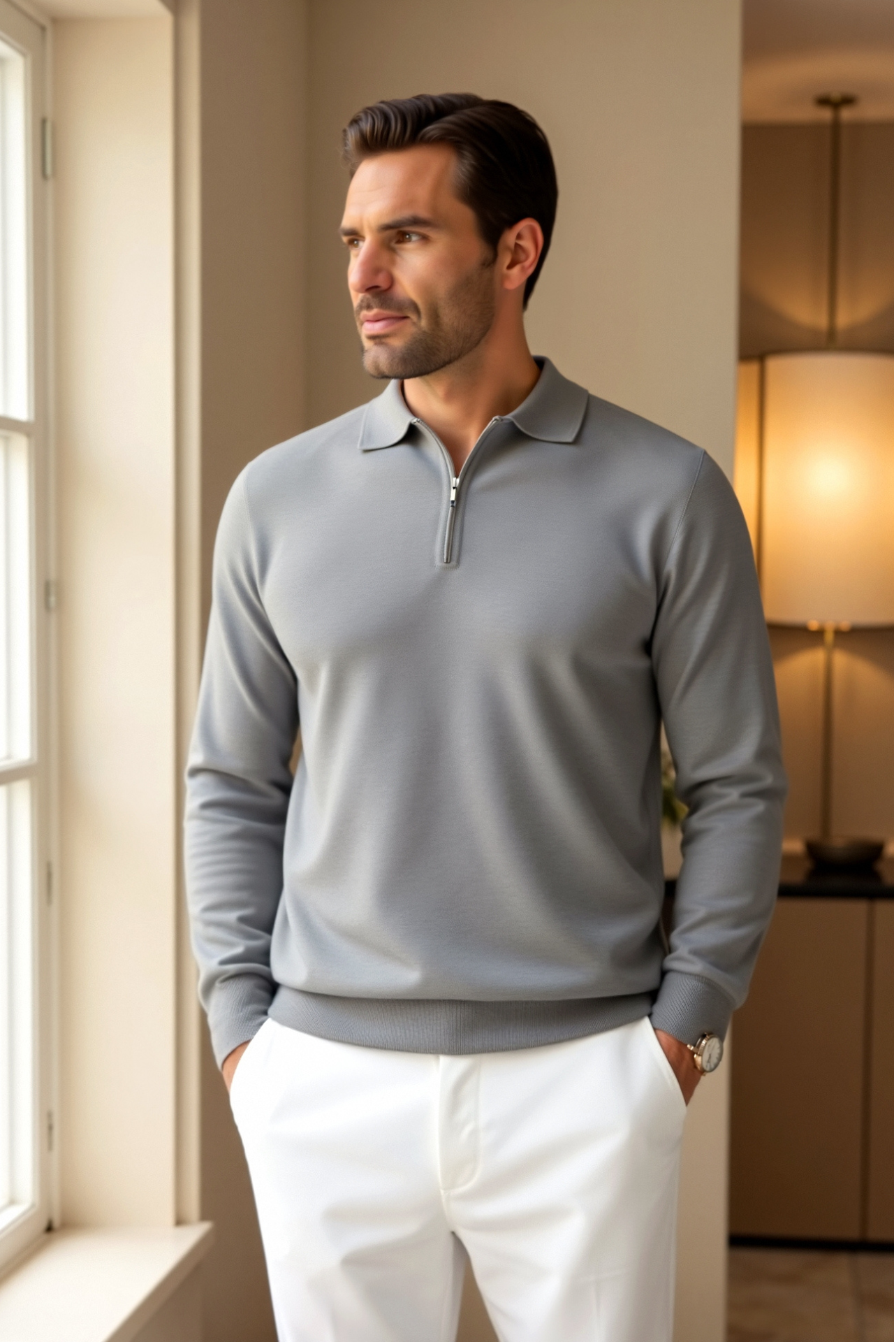 Men's mock neck zip sweater in cotton-blend knit, long-sleeved with clean silhouette