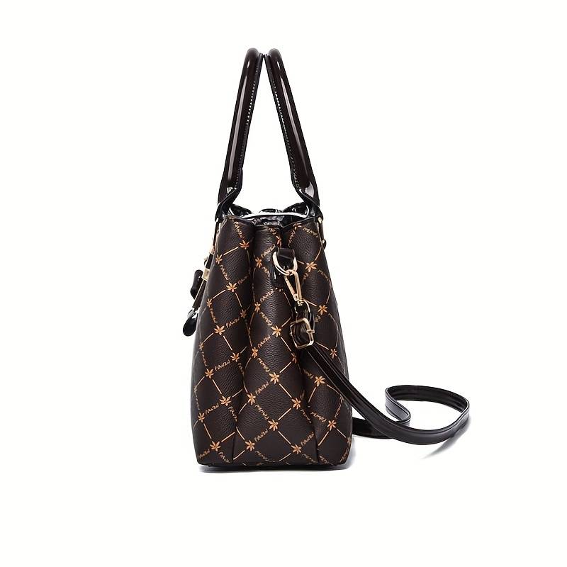 Back view of women's patterned handbag with magnetic flap closure and clean silhouette