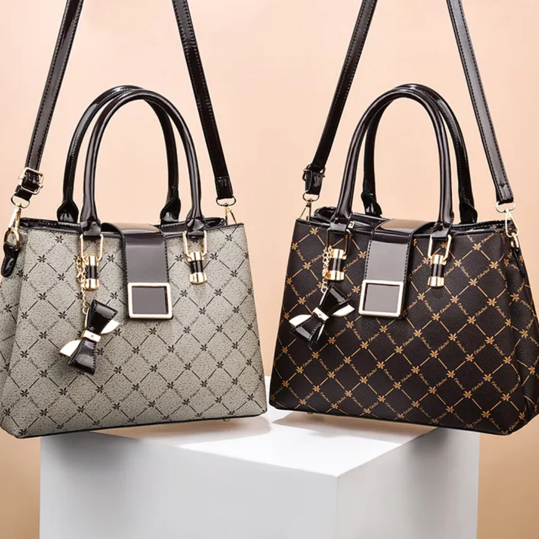Interior of women's elegant handbag showing multiple compartments and organized layout