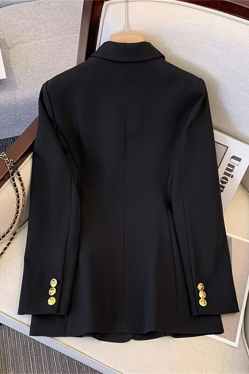 Women's double-breasted polyester blazer styled for professional and everyday wear