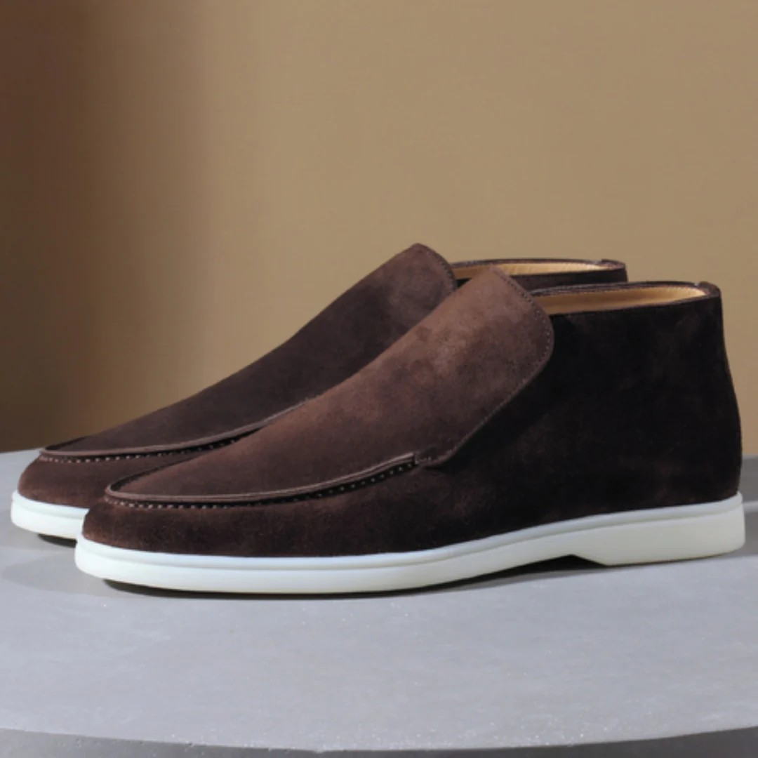 Suede slip-on sneakers for men shown from the side — minimalist loafer design