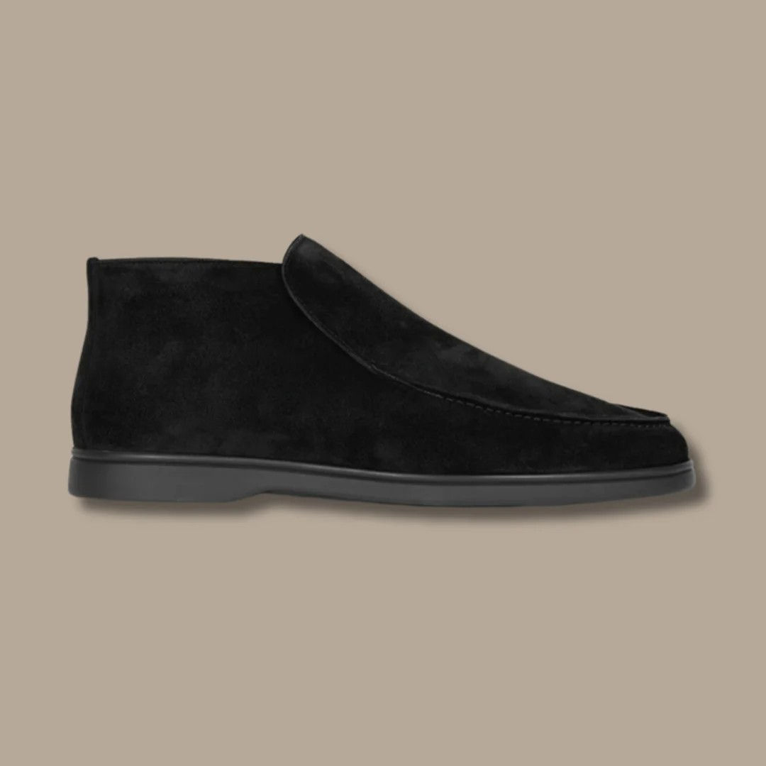 Men's suede loafers in black — slip-on style with flexible rubber outsole