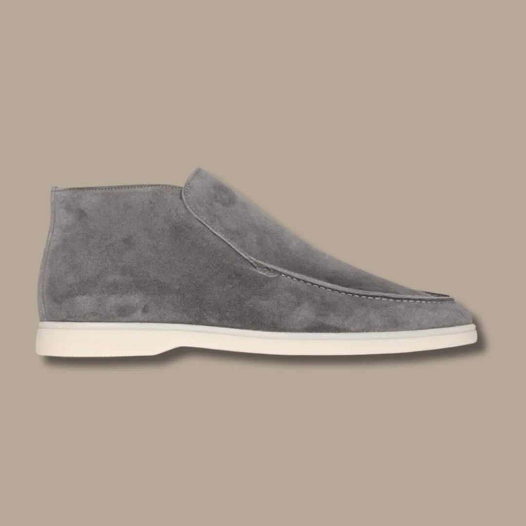 Grey suede slip-on sneakers for men — low-cut everyday loafer with clean finish