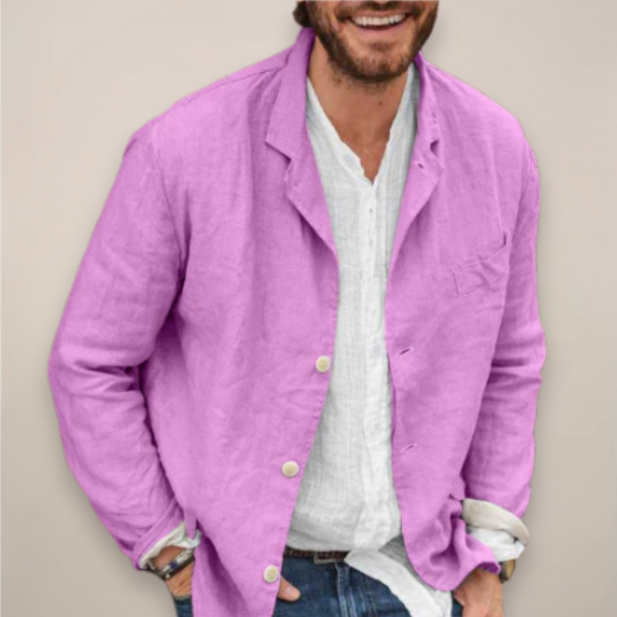 Men's relaxed-fit woven jacket with long sleeves and front button closure