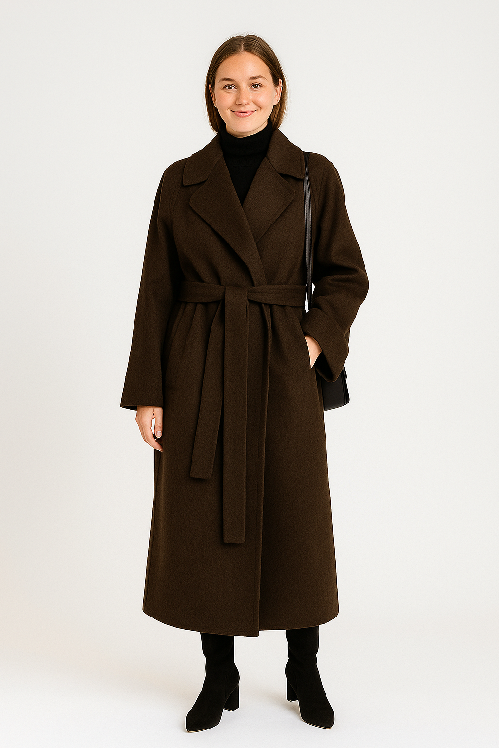 Long women's polyester coat with waist belt, full-length front view