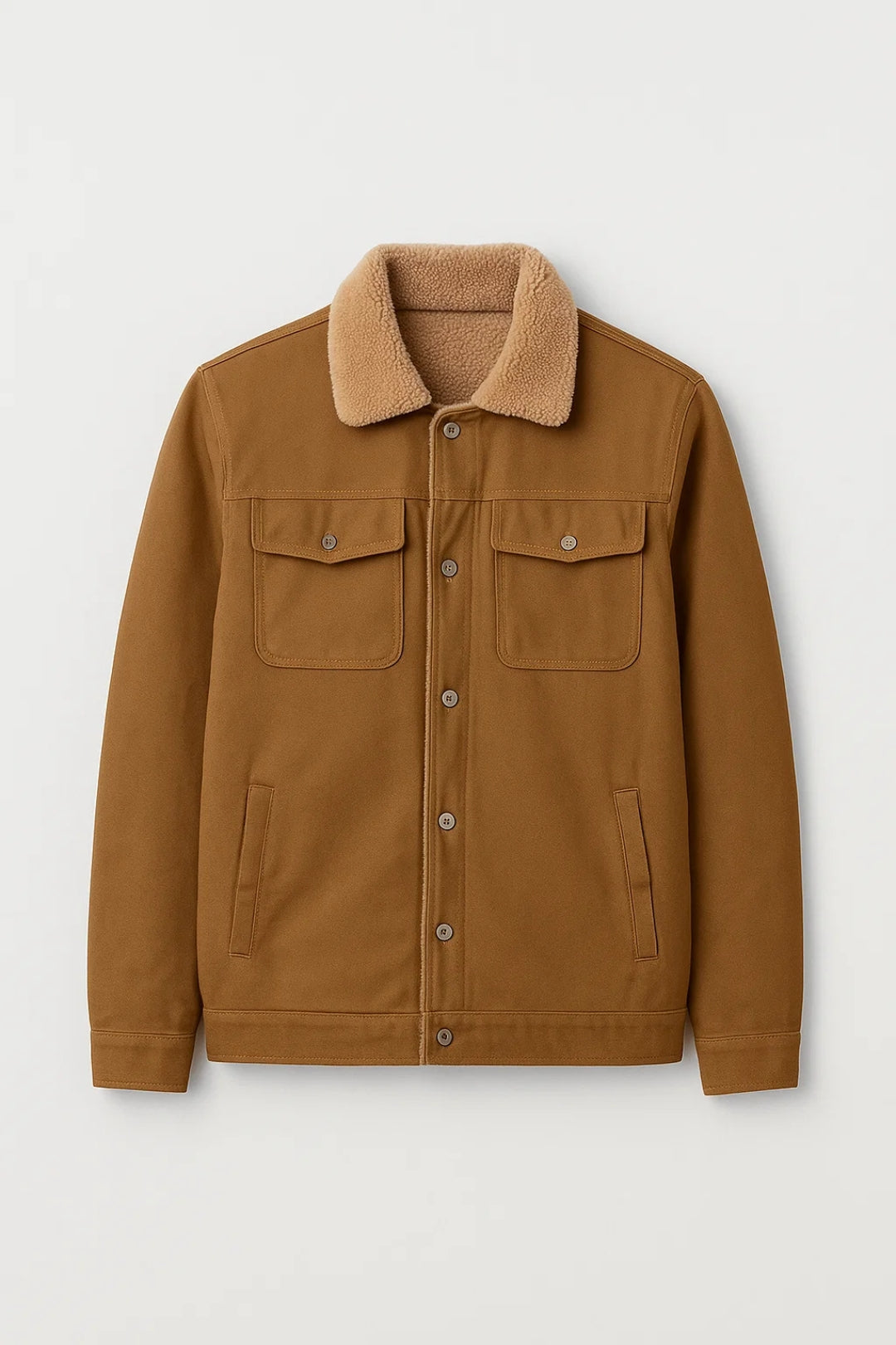 Men's structured woven jacket with lined collar, front button fastening, and hip-length straight fit