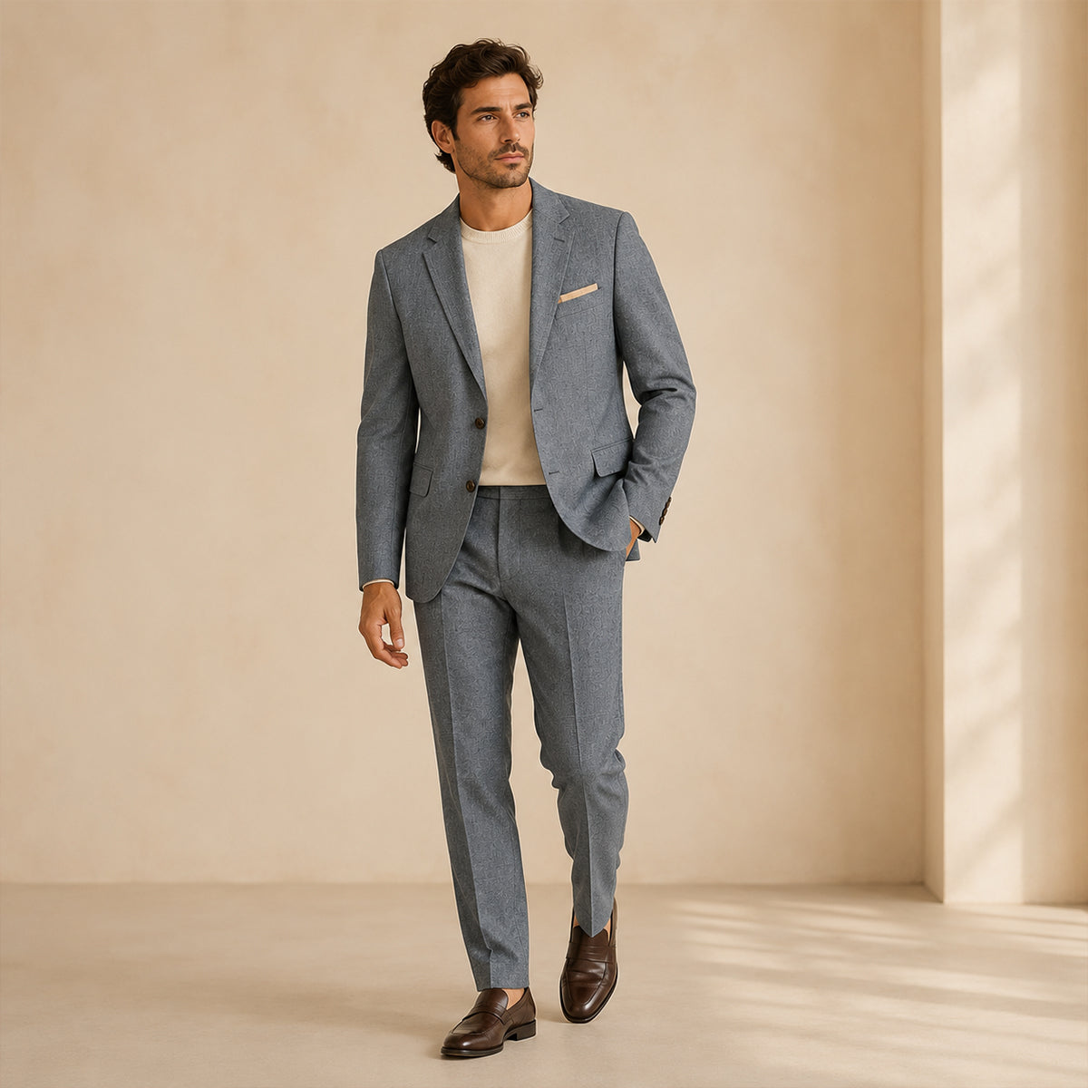 Full-length view of men's matching suit set