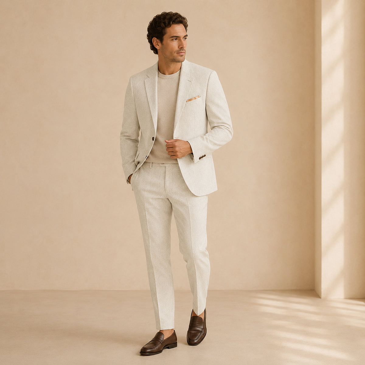 Two-button closure detail on tailored suit jacket