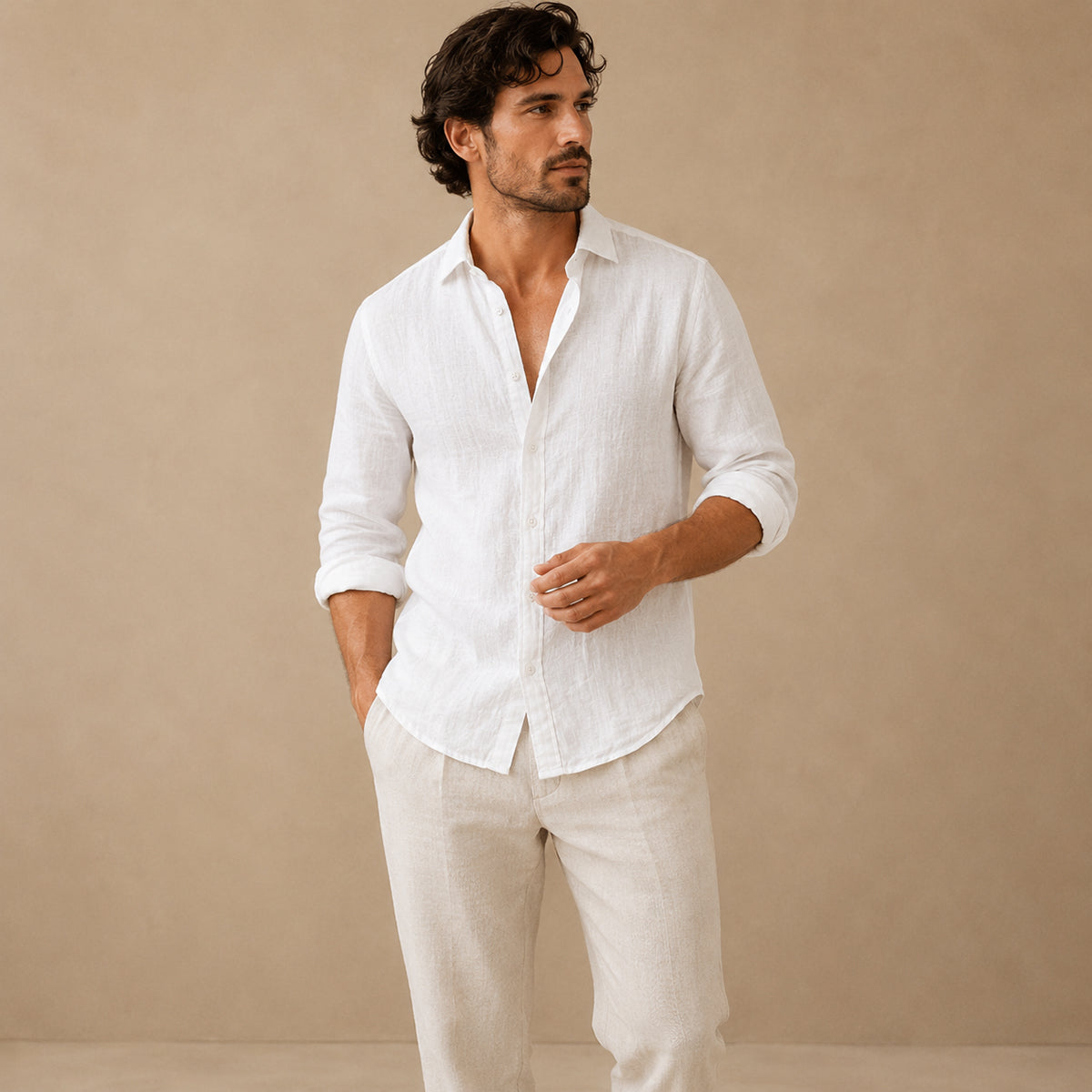 Men's linen shirt with classic collar and button front