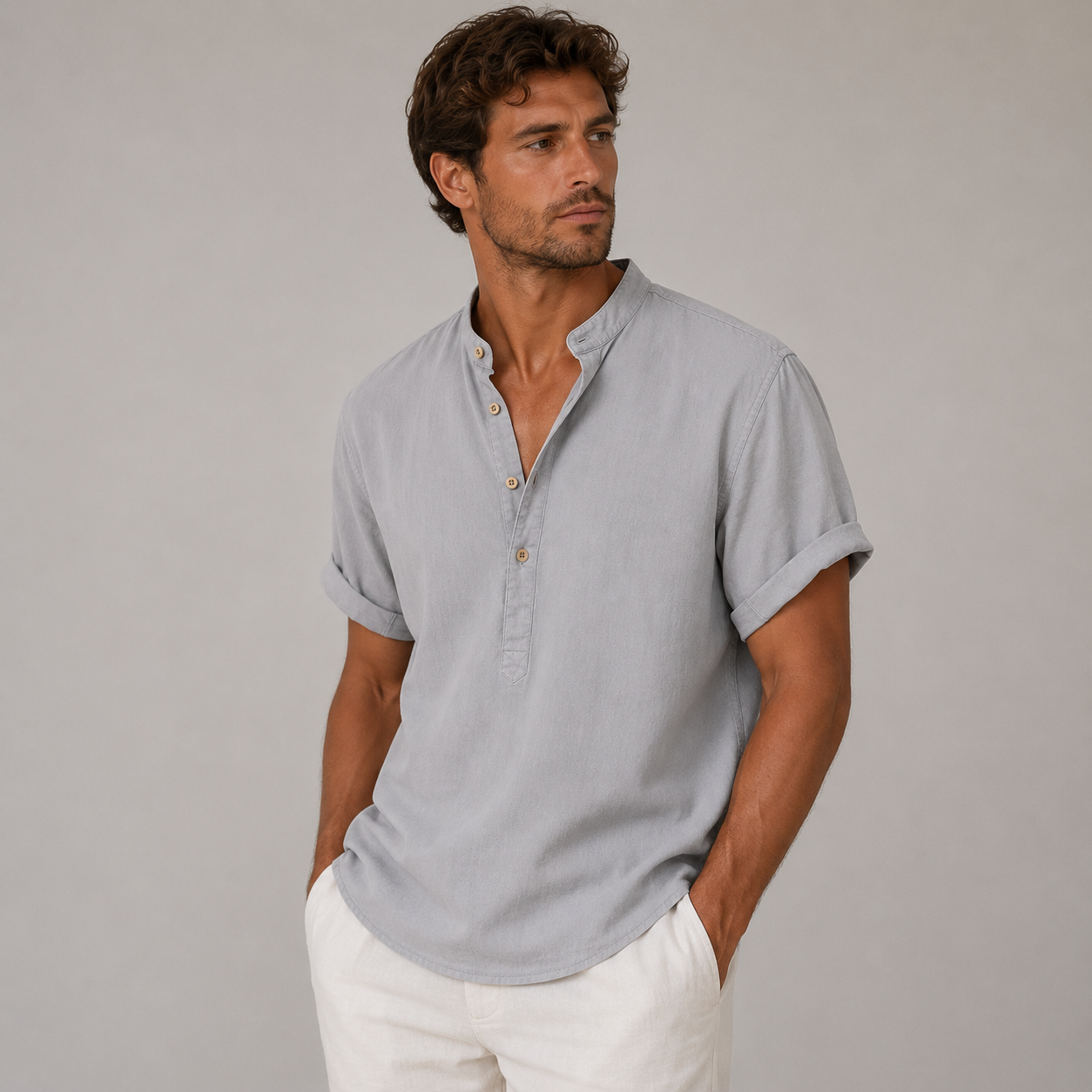 Open neck casual linen shirt for warm weather